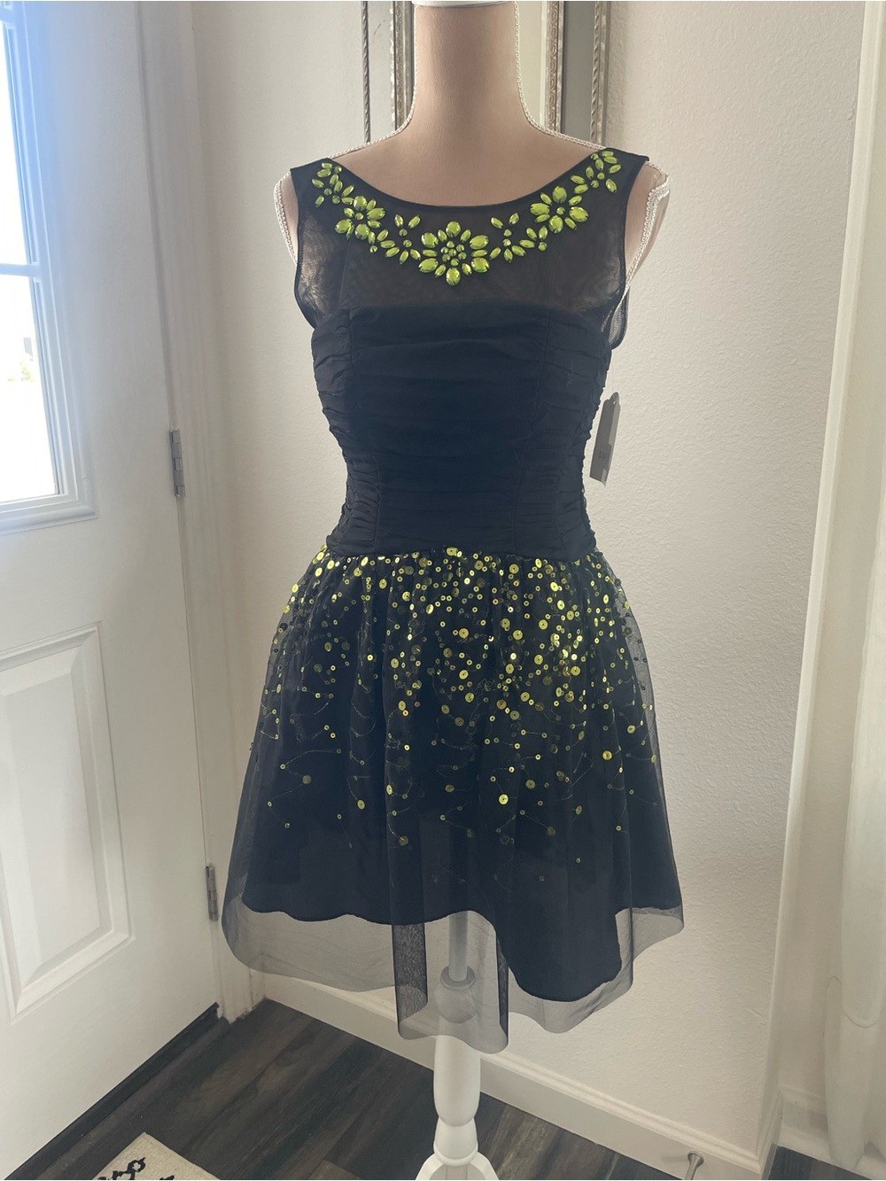 Blondie Nites Black Mini Dress with Neon Green Embellishments